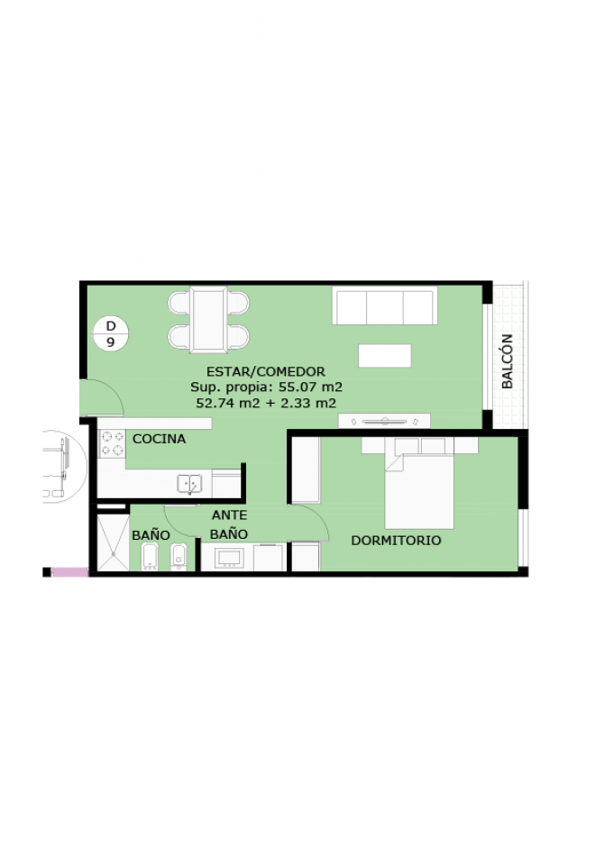 Amplio dpto de un dormitorio, a estrenar.